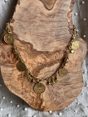 Vintage Gold Coin Charm Necklace with Arabic Theme